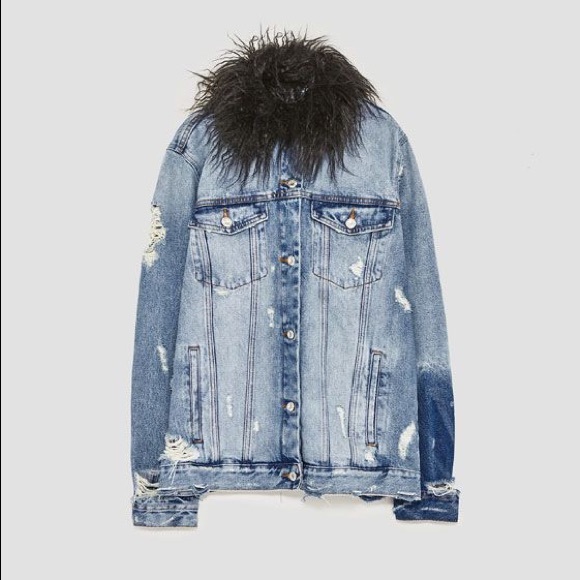 Zara Jackets & Blazers - NEW Zara Distressed Denim Jacket with Fur Collar